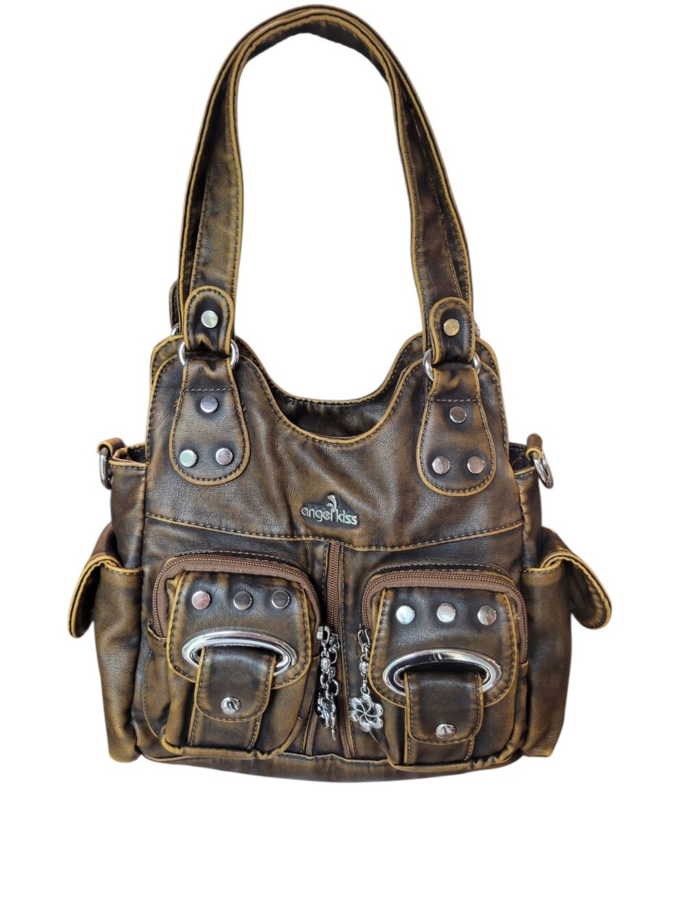 Angel Kiss Brown Faux Leather Multi Pocket Shoulder Bag Purse